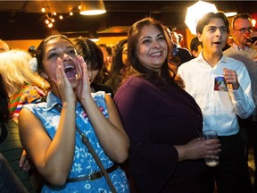 Democrat Manka Dhingra, center, running for State Senator for the 45th district, is congratulated by supporters after she takes the lead after early returns on election night, Nov. 7, 2017, in Woodinville, Wash.