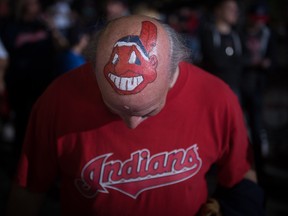 Jim Schulz of Elyria shows off his Cleveland Indians mascot painted head outside of Progressive Field prior to game 6 of the World Series against the Chicago Cubs on November 1, 2016 in Cleveland, Ohio.