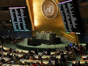 The voting results are displayed on the floor of the United Nations General Assembly in which the United States declaration of Jerusalem as Israel's capital was declared "null and void" on December 21, 2017 in New York City.