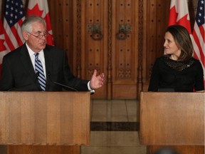 Canada's Minister of Foreign Affairs Chrystia Freeland and US Secretary of State Rex Tillerson hold a joint press conference on Parliament Hill in Ottawa, Ontario, December 19, 2017.  Canada and the United States announced Tuesday they will host a summit of foreign ministers in Vancouver on January 16, including envoys from Japan and South Korea, to seek progress on the North Korean nuclear crisis.