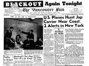 Front page of the Vancouver Sun on Dec. 9, 1941, with stories about a blackout being imposed in the city because of fears of a Japanese attack.