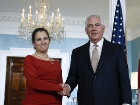 Secretary of State Rex Tillerson meets with Canadian Foreign Minister Chrystia Freeland at State at the State Department in Washington, Wednesday, Oct. 11, 2017.