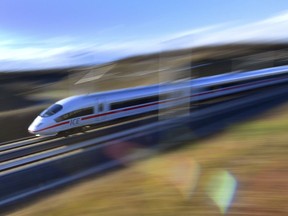 A special Inter City Express train of Deutsche Bahn, DB,drives along the new fast railway track between Munich and Berlin in Erfurt, Germany, Friday, Dec. 8, 2017.