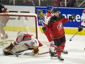 Canada's Jonah Gadjovich celebrates his goal against the Czech Republic during the third period in their World Junior Championships pre-tournament game in London Ont. on Wednesday, December 20, 2017.