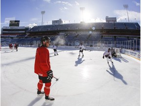 Canada's Dante Fabbro skates during their outdoor hockey practice at New Era Field during the IIHF World Junior Championship in Orchard Park, N.Y., Thursday, December 28, 2017.