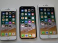 The iPhone 8 (left), iPhone X (centre) and iPhone 8 Plus