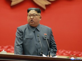 North Korean leader Kim Jong-un speaks during the conference of cell chairpersons of the ruling party in Pyongyang on Dec. 23, 2017.