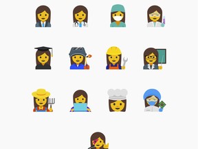 FILE - This undated file image provided by Google shows the emojis the company proposed that highlight the diversity of women's careers. Eleven of the proposed emojis were added and recognized by the Unicode Consortium during the summer of 2016. (Google via AP, File)