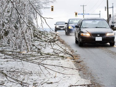 Freezing rain for the past several days has caused tree branches to fall on power lines causing power outagesthroughout the Fraser Valley Saturday, December 30, 2017. Thousands of people are without power in the Mission, Abbotsford and Langley areas and the freezing rain has made traveling treacherous.