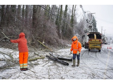 Freezing rain for the past several days has caused tree branches to fall on power lines causing power outagesthroughout the Fraser Valley Saturday, December 30, 2017. Thousands of people are without power in the Mission, Abbotsford and Langley areas and the freezing rain has made traveling treacherous.