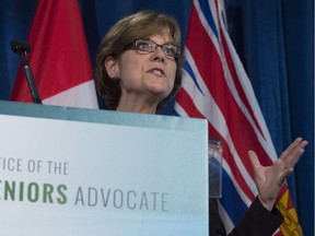 A vast majority of seniors care homes don't receive enough funding to meet provincial staffing requirements, according to the third annual scorecard on the homes by B.C.'s seniors advocate. Seniors Advocate Isobel Mackenzie addresses a gathering in Vancouver.