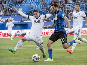 Jake Nerwinski defends against Montreal's Ignacio Piatti in 2017. Vancouver Whitecaps defender Jake Nerwinski and Montreal Impact midfielder Ignacio Piatti battle for the ball during first half of the second leg Canadian Championship semifinal Tuesday, May 30, 2017 in Montreal. THE CANADIAN PRESS/Paul Chiasson ORG XMIT: pch104 Paul Chiasson,