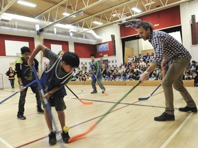 Vancouver Canucks President took on some students in floor hockey during a 2012 visit to Mary Jane Shannon Elementary school in Surrey. The school is one of two to receive a seismic upgrade grant from the B.C. government.