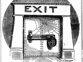 A Jan. 1, 1904, Chicago Tribune cartoon refers to the fact that many of the exits at the Iroquois Theatre were locked, which led to people getting trapped inside or being crushed to death as the crowd surged toward exits that didn't open.