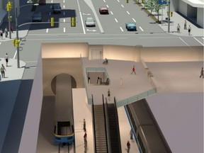 Artist's concept of a new subway station under Broadway at Oak, from a study on the proposed SkyTrain extension along Broadway.