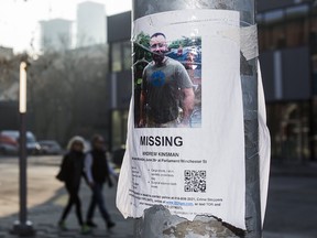 Missing person poster for Andrew Kinsman at Barbara Hall Park near Church St. and Wellesley St. E in Toronto, Ont. on Sunday December 3, 2017.