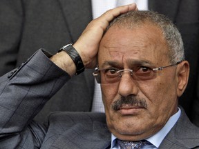 In this April 8, 2011 photo, then Yemeni president Ali Abdullah Saleh attends a rally in Sanaa, Yemen. Saleh.