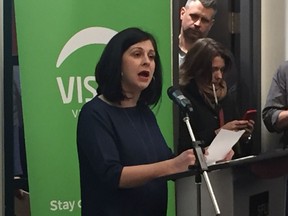 Vision Vancouver co-chair Maria Dobrinskaya speaks at Vision's annual general meeting on Monday at SFU's Harbour Centre campus.