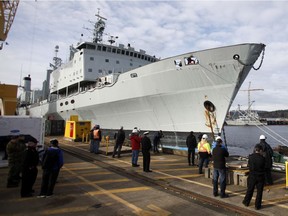 HMCS Protecteur prepares to leave CFB Esquimalt on Feb. 24, 2016, one last time. The ship will be towed east through the Panama Canal to Liverpool, N.S., its final resting place where it will be dismantled by R.J. MacIsaac Construction.