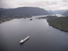 A tanker is anchored in Burrard Inlet just outside of Burnaby, B.C., on Friday, Nov. 25, 2016.