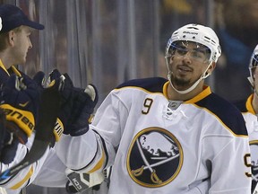 Buffalo Sabres winger Evander Kane celebrates his goal during the second period of December 2015 NHL game against the Boston Bruins in Boston.