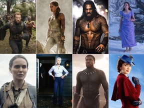 Clockwise from top left: Avengers: Infinity War, Tomb Raider, Aquaman, The Nutcracker and the Four Realms, Mary Poppins, Black Panther, Halloween and Annihilation.