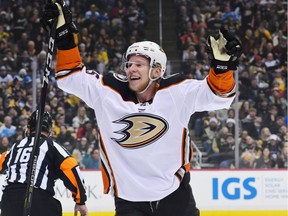 Brandon Montour of the Anaheim Ducks celebrates after scoring a goal against the Pittsburgh Penguins on Dec. 23, 2017 in Pittsburgh, Pa.