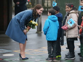 Catherine, Duchess of Cambridge, meets children, teachers and other stakeholders as she launches a mental-health program for schools, the latest initiative from the Heads Together campaign, during her visit to Roe Green Junior School on Jan. 23 in London, England.