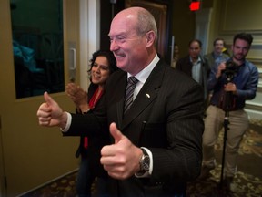 B.C. Liberal leadership candidate Mike de Jong arrives for the first leadership debate in Surrey, B.C., on Sunday October 15, 2017. Interim Leader Rich Coleman has endorsed de Jong.