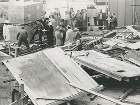 Pieces of shattered wood and metal at the foot of the Bentall IV tower after four workers plunged to their deaths in 1981.