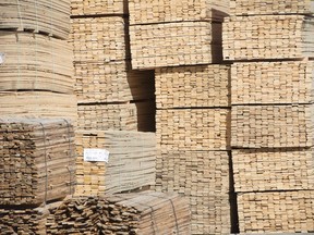 The federal government says softwood lumber shipments from British Columbia to the United States plunged 20 per cent in March from a year ago amid railway transportation problems.