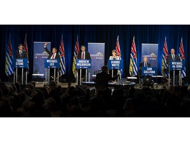 Liberal leader candidates meet at the Westin Bayshore for one final debate before a Liberal member vote. Left-Right: Todd Stone, Michael Lee, Andrew Wilkinson, Dianne Watts, Sam Sullivan, and Michael de Jong.