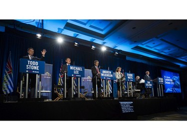 Candidates running for the BC Liberal leadership party meet for the a last debate before the liberal party leadership vote. Left-right: Todd Stone, Michael Lee, Andrew Wilkinson, Dianne Watts, Sam Sullivan, and Michael de Jong.