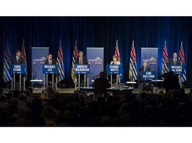 Candidates square off one last time at the BC Liberal leadership debate at the Westin Bayshore in Vancouver. Left-Right: Todd Stone, Michael Lee, Andrew Wilkinson, Dianne Watts, Sam Sullivan, and Michael de Jong.