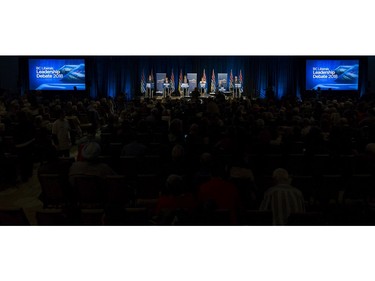 A full house at the Westin Bayshore for the BC Liberal leadership debate. Left-right: Todd Stone, Michael Lee, Andrew Wilkinson, Dianne Watts, Sam Sullivan, and Michael de Jong