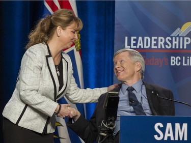 Left-right: Dianne Watts and Sam Sullivan shake hands after the  BC Liberal leadership debate at the Weston Bayshore in Vancouver on Tuesday, Jan. 23.