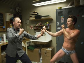 This image released by Fox Searchlight Pictures shows Michael Keaton, left, and Edward Norton in a scene from "Birdman."