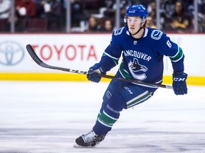 Vancouver Canucks' Brock Boeser skates during first period NHL hockey action against the Los Angeles Kings, in Vancouver on Saturday, December 30, 2017.