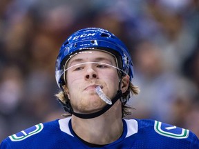 Vancouver Canucks forward Brock Boeser waits for a faceoff against the Los Angeles Kings on Dec. 30, 2017.