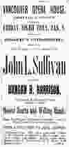 Ad from the Jan. 8, 1892, Vancouver World for an appearance by boxer John L. Sullivan at the Vancouver Opera House.