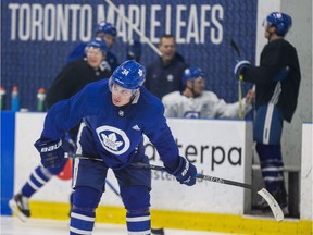 Auston Matthews, who has five goals in his past six games, practises with the Toronto Maple Leafs in preparation for tonight's visit by the Vancouver Canucks.