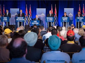 B.C. Liberal leadership candidates, from left, Todd Stone, Andrew Wilkinson, Sam Sullivan, Mike de Jong, Dianne Watts and Michael Lee participate in a leadership debate.
