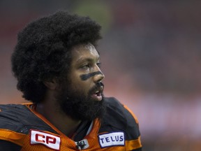 BC Lions #48 Maxx Forde on the sidelines during play against the Toronto Argonauts in a regular season CFL football game at BC Place Vancouver, November 04 2017.