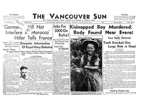 The front page of the Vancouver Sun on Jan. 11, 1937, with a story about the tragic kidnapping and murder of 10-year-old Charles Mattson of Tacoma, Wash.