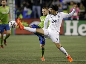Christian Bolanos in the final game of the 2017 MLS season for the Whitecaps, a playoff loss to the Seattle Sounders.
