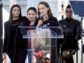 Eva Longoria, Constance Wu and Natalie Portman speak during the Women's March Los Angeles 2018.