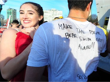 Participants in the 98th annual Polar Bear Swim in action at English Bay in Vancouver, BC., January 1, 2018.