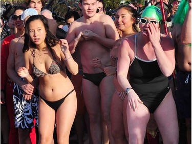 Participants in the 98th annual Polar Bear Swim in action at English Bay in Vancouver, BC., January 1, 2018.