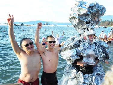 Participants in the 98th annual Polar Bear Swim in action at English Bay in Vancouver, BC., January 1, 2018.