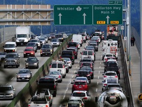 Traffic seen heading into North Vancouver over the Second Narrows Bridge in Vancouver. The North Vancouver Chamber of Commerce has done a survey of its members, and a transportation planning working group for the North Shore has been established.